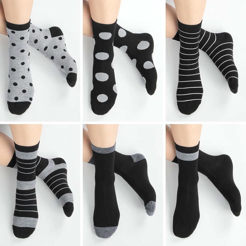 Socksfad Store 6 Pairs Cotton Crew Socks for Women, Breathable Novelty Funny Striped Dot Casual Cute Calf Socks Size 6-12 - Image 2